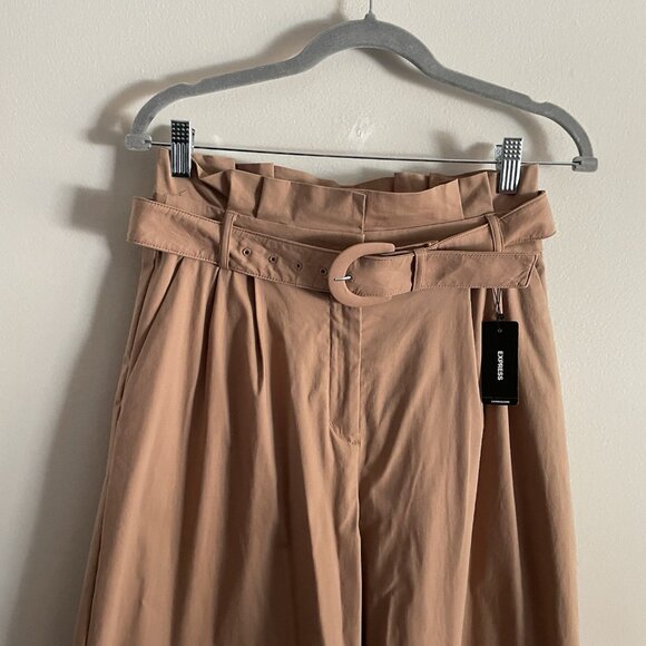 Express Women 4R Tan Pleated Super High Rise Belted Paperbag Wide Leg Pants NWT - Picture 6 of 15